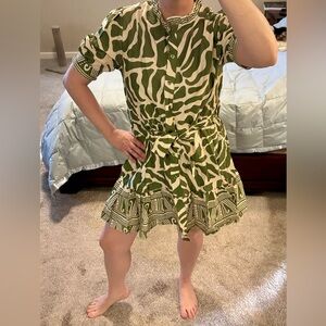 NWT Sofia Italy cotton handmade Green and Cream Print Dress S